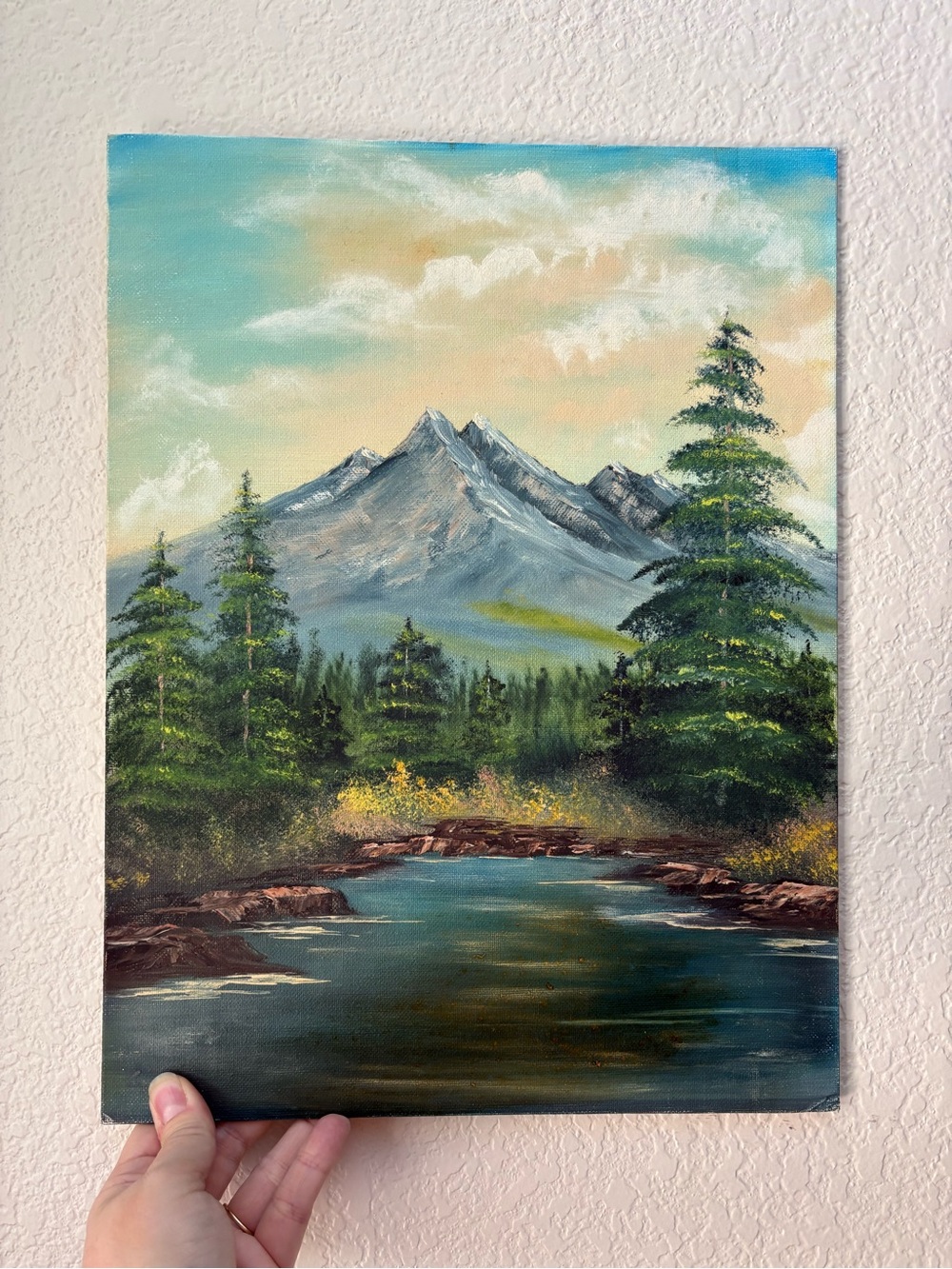 Fred Serene Mountain River Painting in Green and Blue